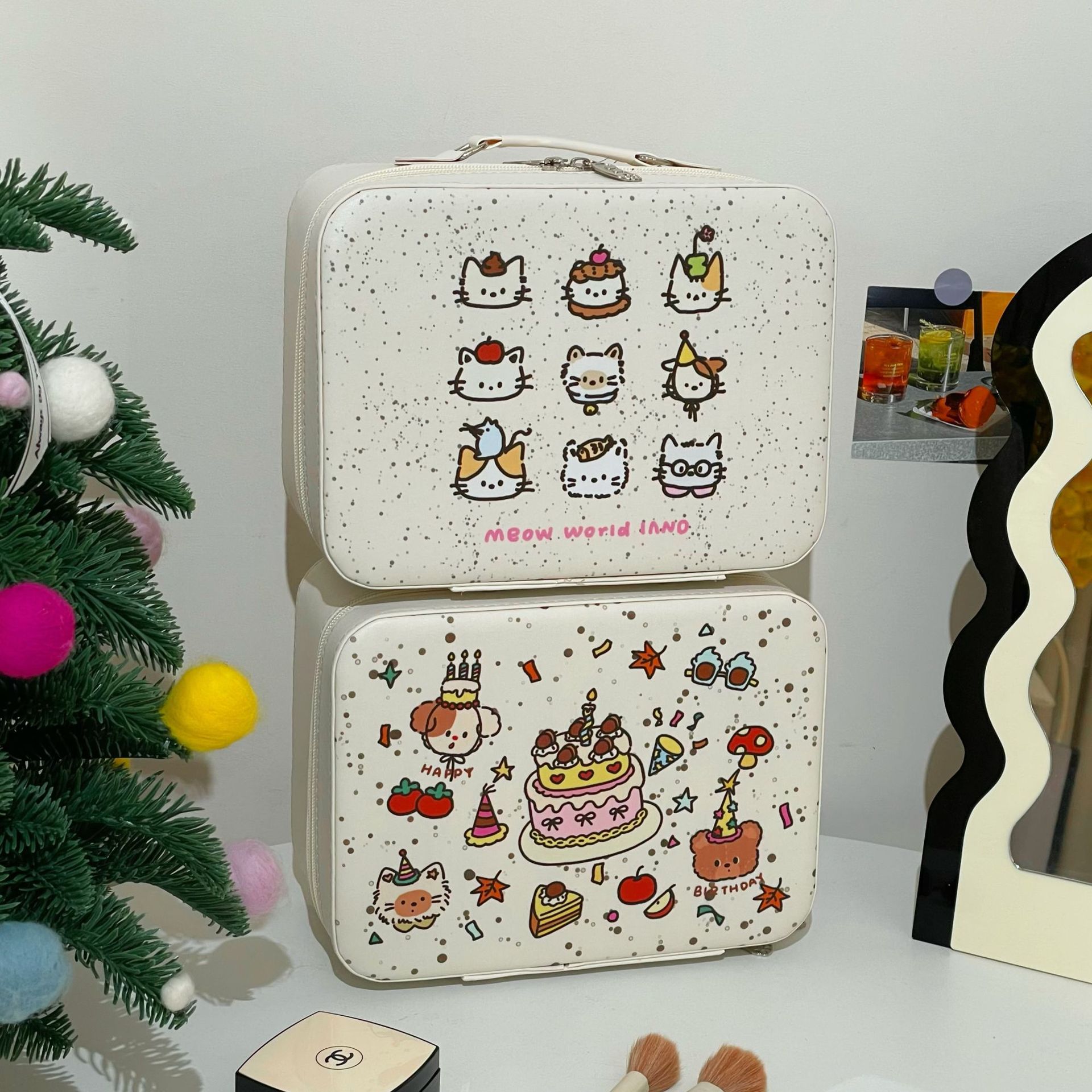 Spotted Cat makeup case, pu leather storage suitcase, portable large-capacity skincare and business trip storage makeup bag full figure
