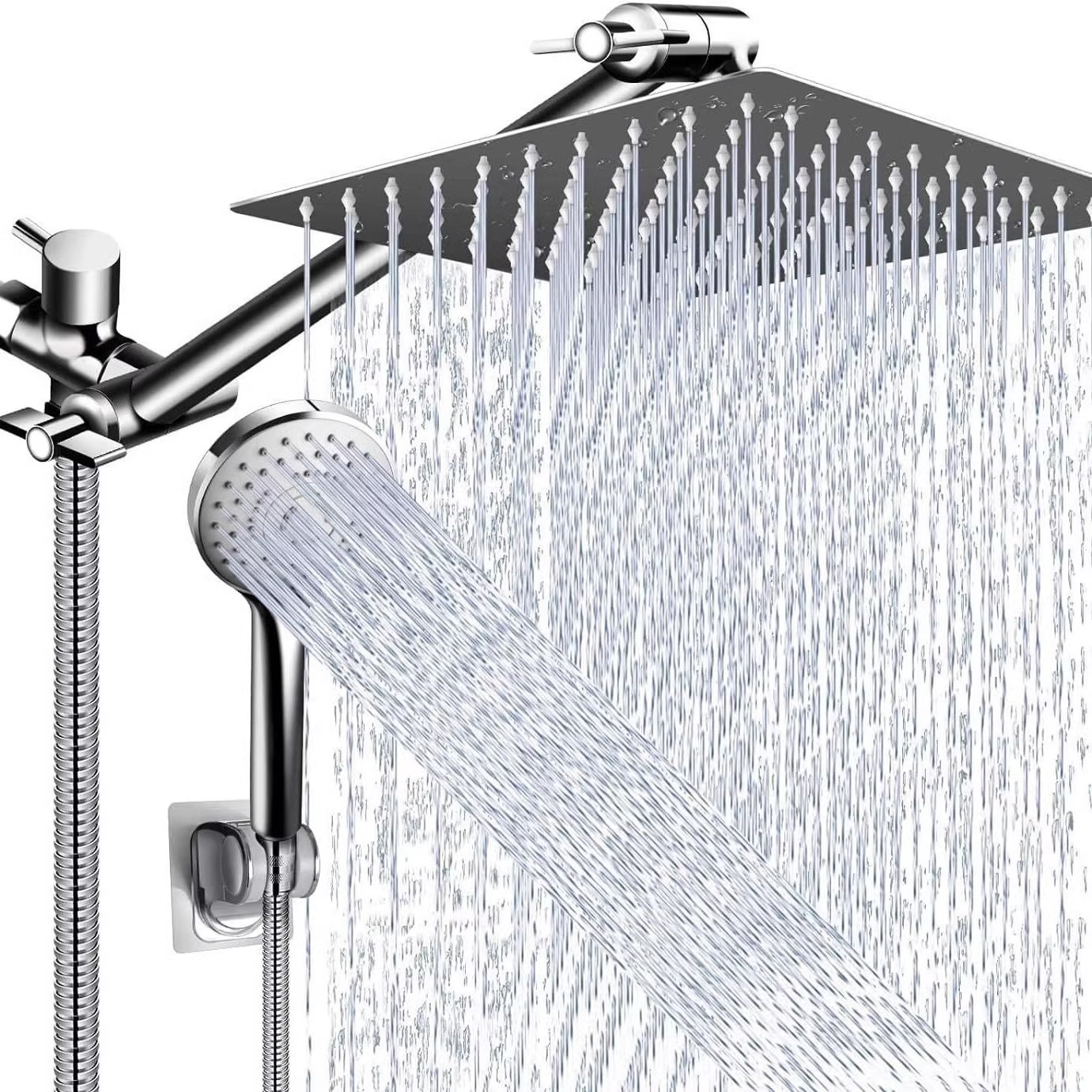 Amazon electroplated stainless steel top spray belt extended arm arm multi-functional handheld shower wall-mounted exposed showerhead set full figure