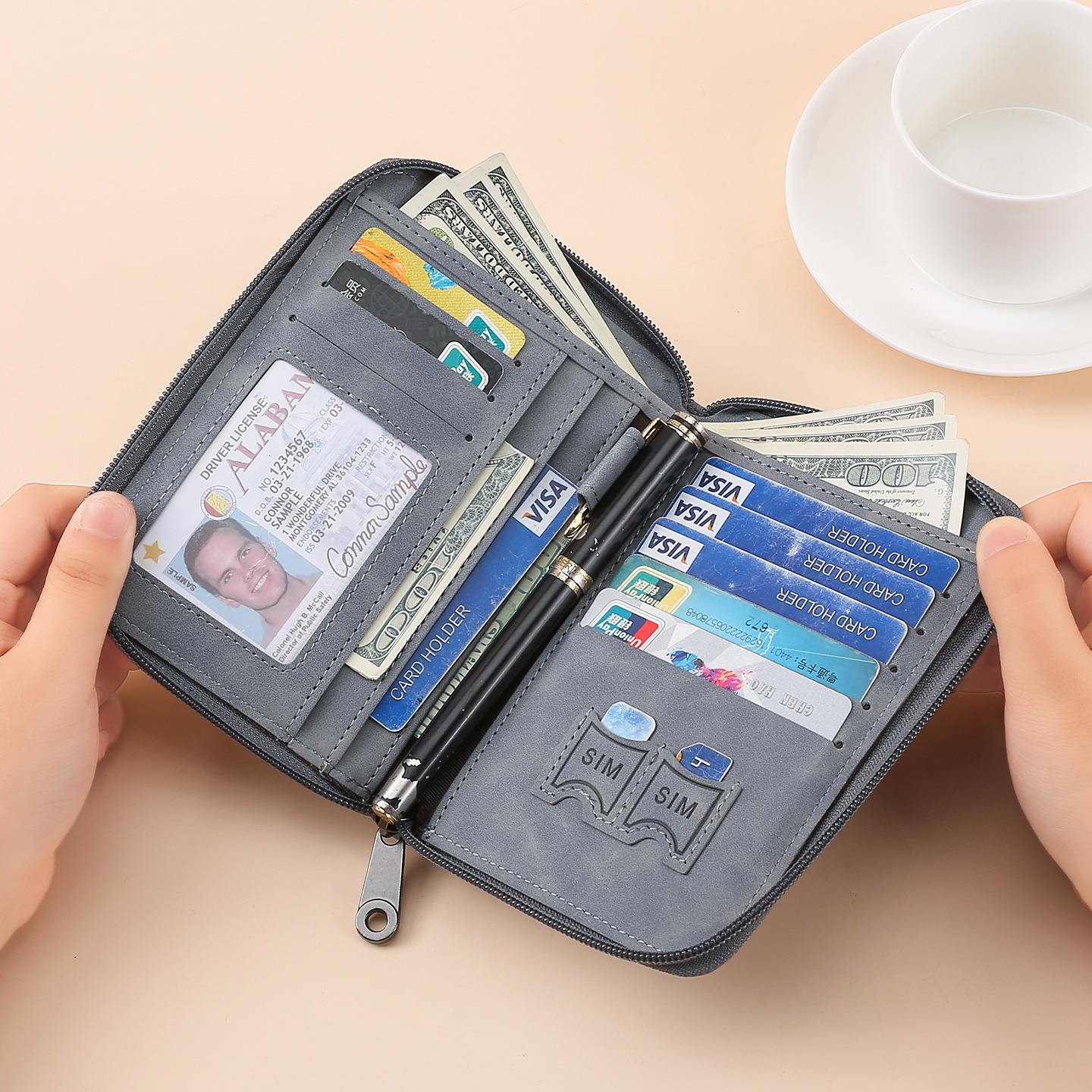 The new cross-border multi-functional women's long zipper passport bag from Ailun features a fashionable color-blocking travel air ticket storage and document preservation Specification drawing