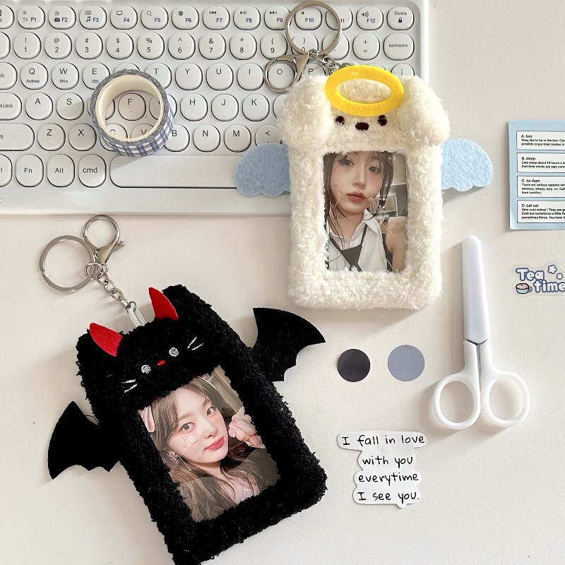 Ins-style couple plush ID card holder, cute animal campus meal card, love bean card, photo portable pendant full figure