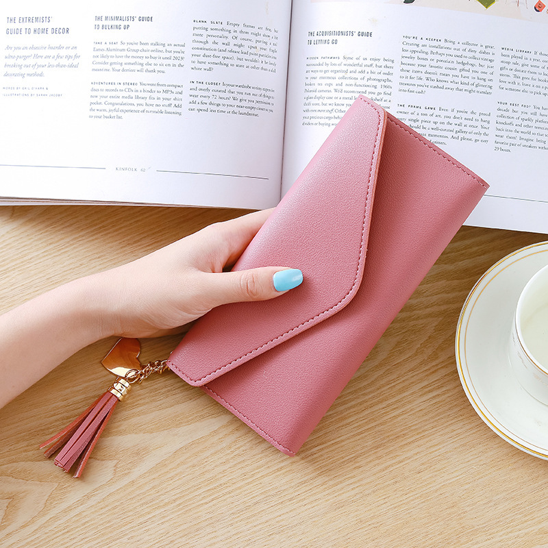 2018 Spring/Summer new long hand-held trendy heart-shaped pendant, simple, fashionable and multi-functional women's wallet with lychee pattern full figure