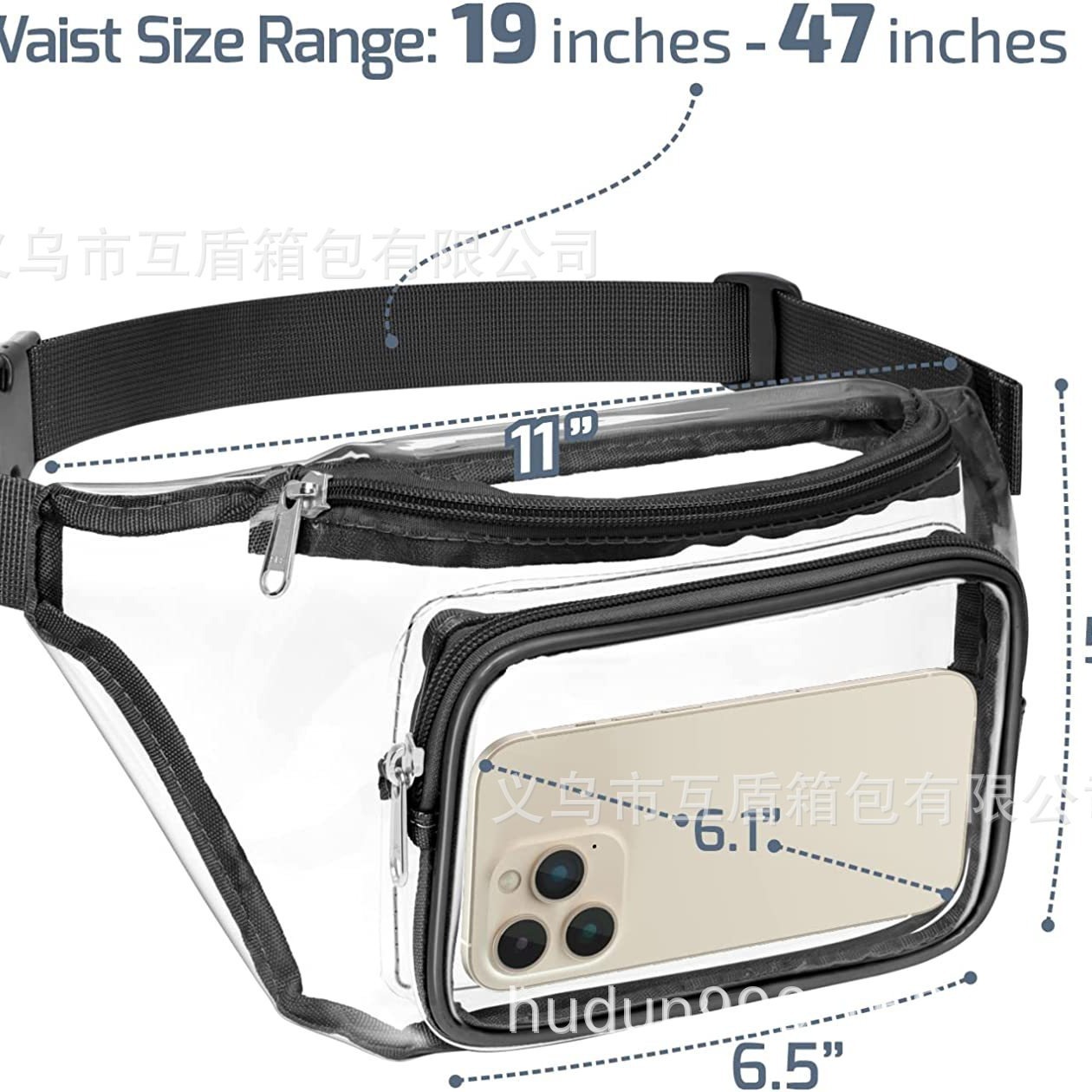 Wholesale cross-border PVC transparent waist bags, waterproof fitness storage film bags, outdoor sports running shoulder bags, with logos available Specification drawing