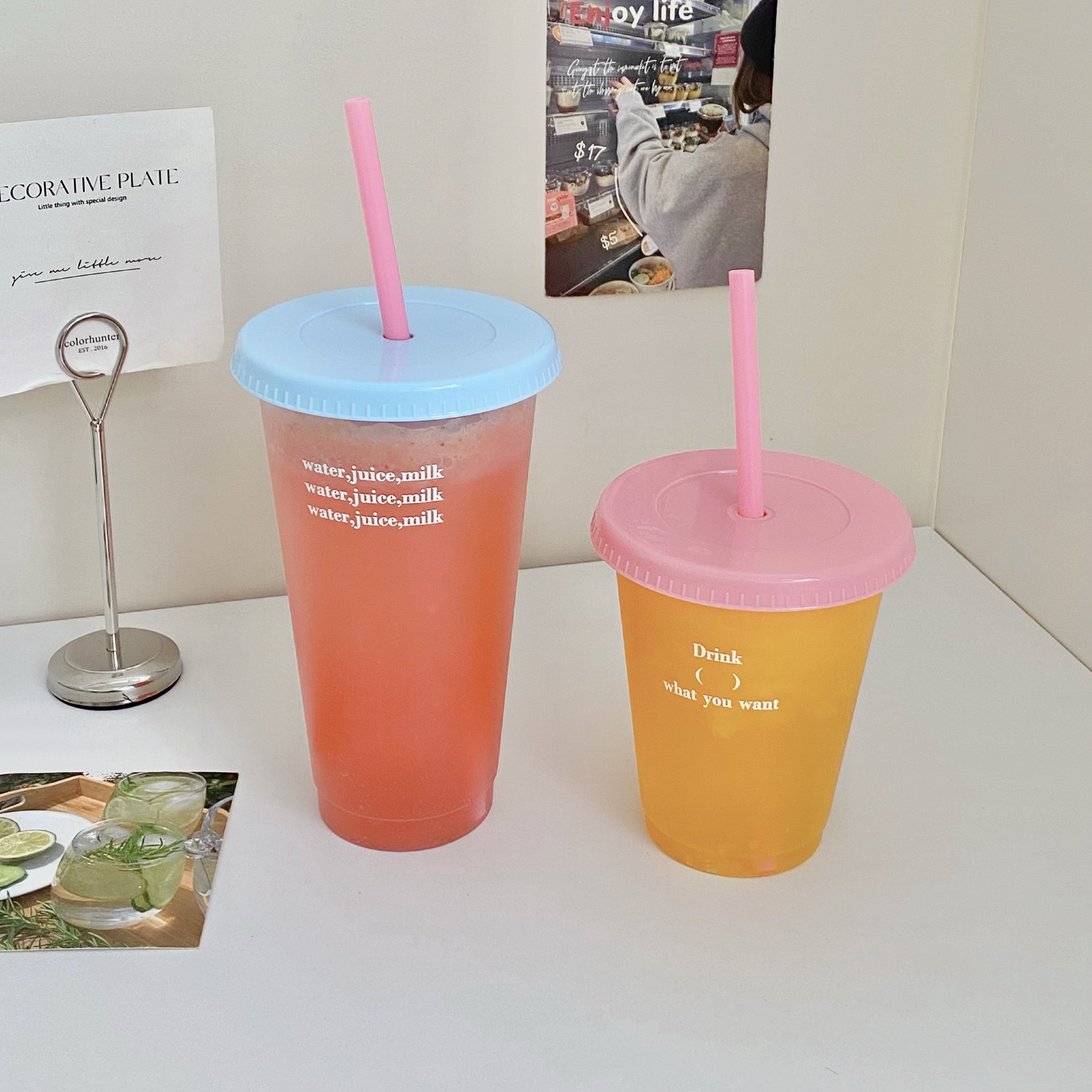 Candy-colored plastic straw cup, large-capacity reusable soda cup, vehicle-mounted portable cold drink coffee cup Specification drawing