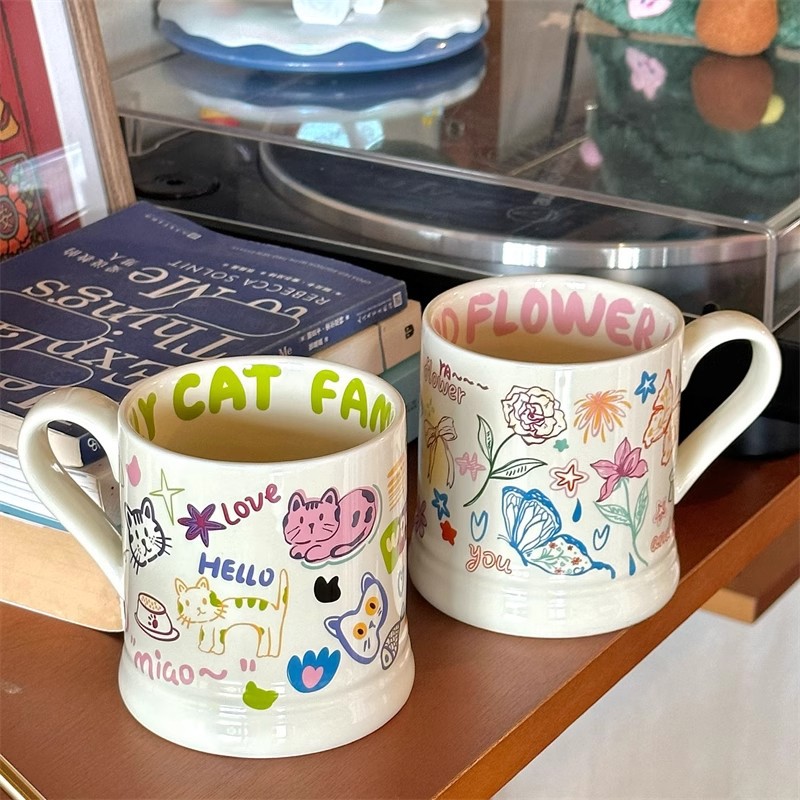 High-appearation-level mugs, playful graffiti butterflies, cream-colored ceramic cups, office coffee cups, couple breakfast cups Specification drawing
