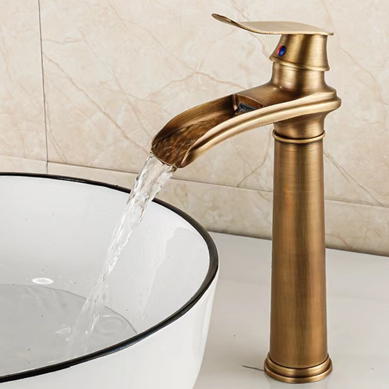 All-copper black antique countertop basin faucet, European-style washbasin, washbasin, washbasin faucet, waterfall faucet details Picture