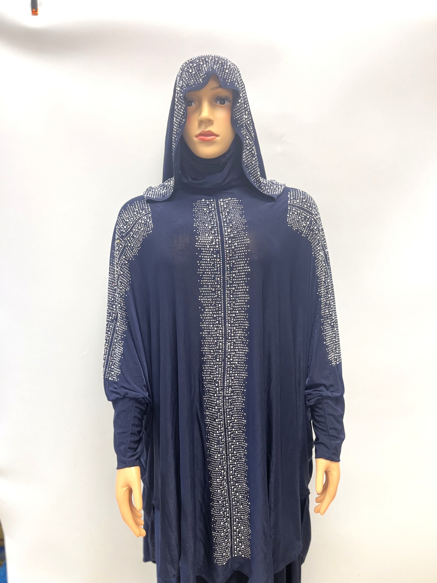 Manufacturer's cross-border large-sized African-style ice silk hot diamond double hat loose prayer dress, set skirt, Arab burqa, abaya long robe, women's hooded Muslim details Picture