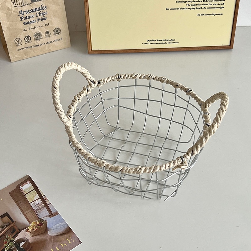 ins Nordic desktop ironwork storage basket, hand-held woven basket, snack and bread display basket, fruit basket Item Picture