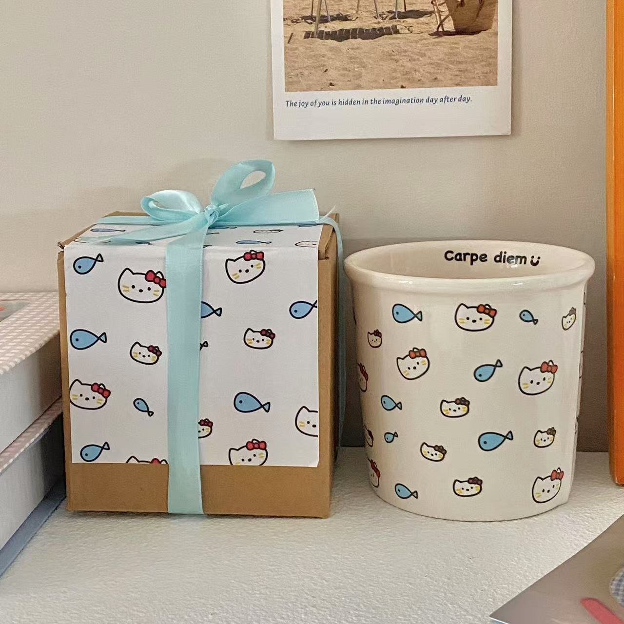 ins cat eating fish ceramic cup mug, cute paper cup shape, hand-held cup, coffee cup, birthday gift, water cup Application Scenario