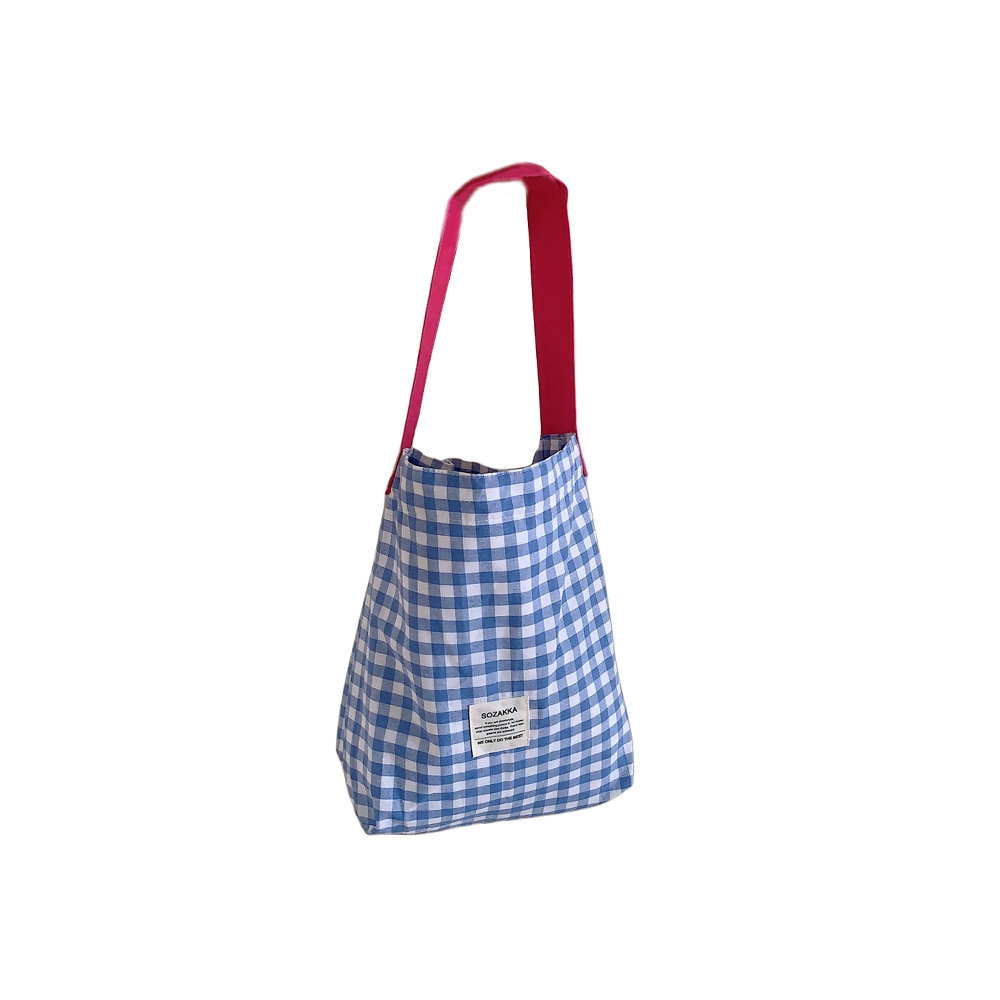 38251 canvas bag for Women, 2023 New style contrasting color checkered single-shoulder fabric bag, college students' artistic commuting tote bag Item Picture
