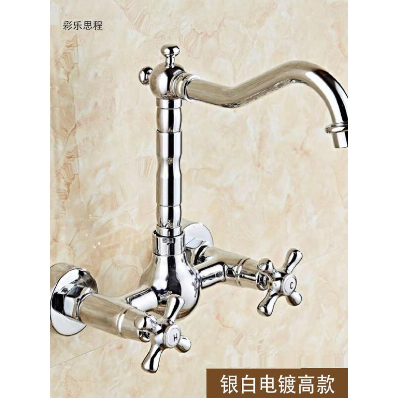 European-style all-copper, ancient gold color, built-in, retro wooden bucket, double-hole kitchen, laundry sink, washbasin, rotating hot and cold water faucets full figure