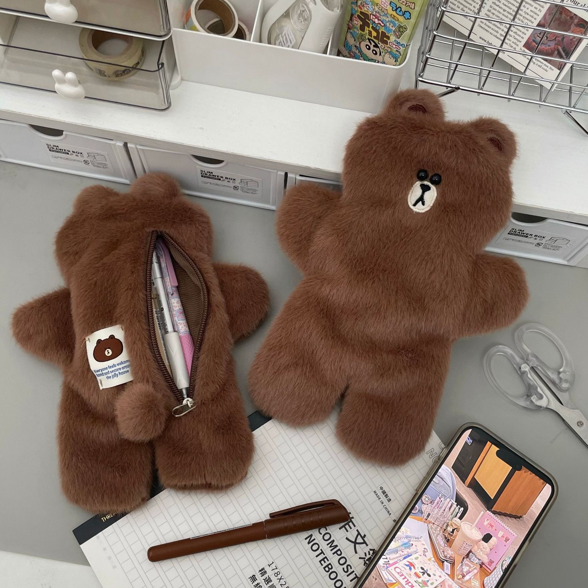 The same style as on Xiaohongshu! Brown Bear plush pencil case ins High appearance level Pencil case, stationery bag for junior and senior high school students Specification drawing