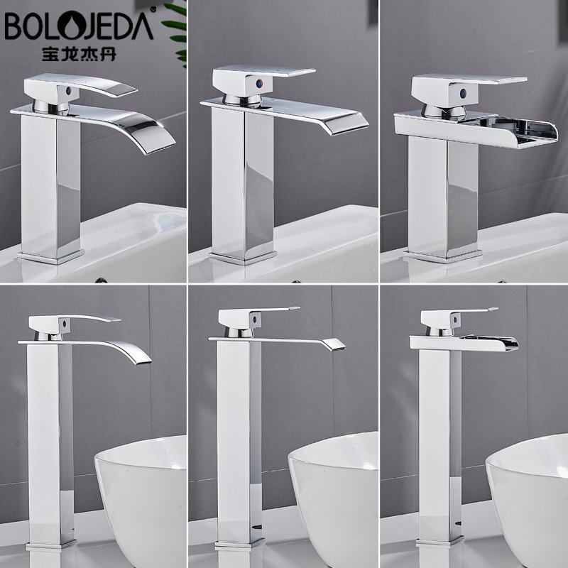 Cross-border basin waterfall faucet, wide-mouth stainless steel mirror finish, square elbow, cold and hot water countertop basin faucet details Picture