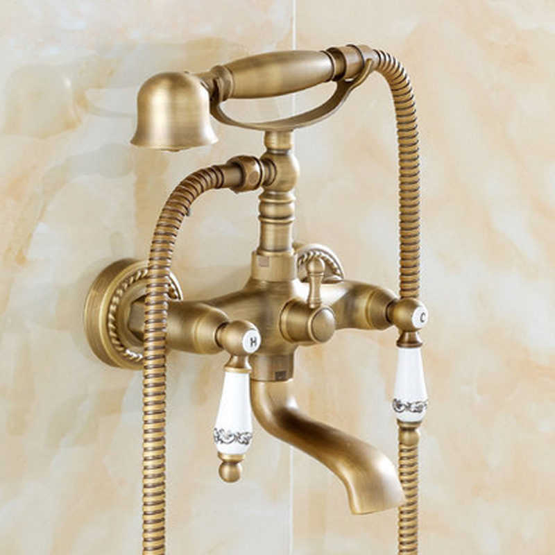 Brass antique bathtub faucet set with twisted base, wall-mounted double-handle telephone shower head set for bathing full figure