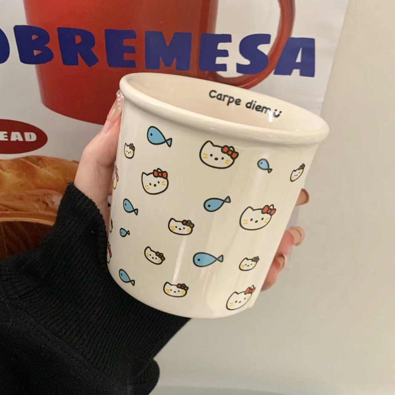 ins cat eating fish ceramic cup mug, cute paper cup shape, hand-held cup, coffee cup, birthday gift, water cup Specification drawing
