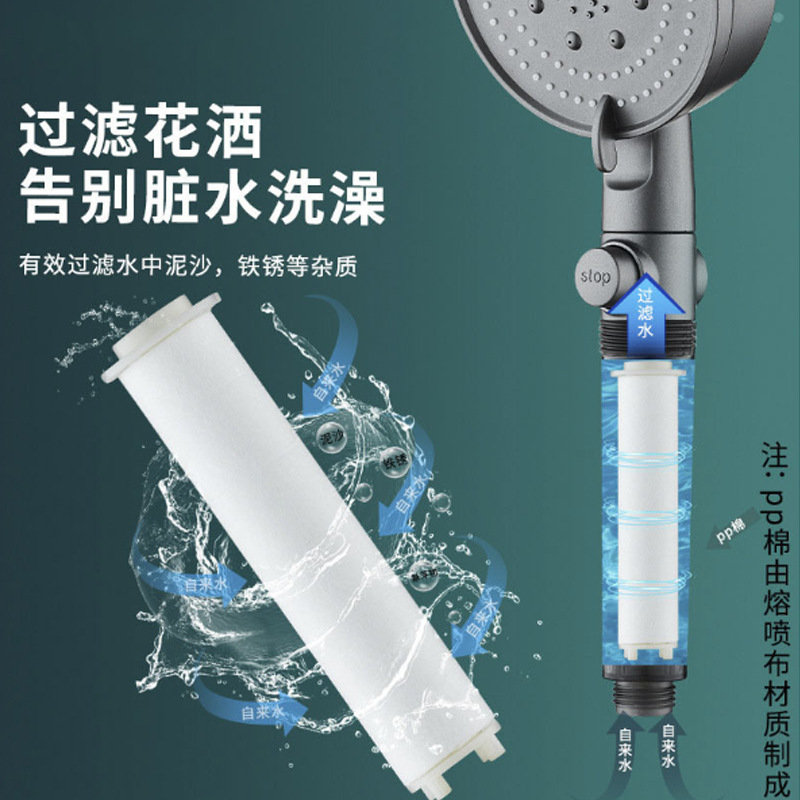Household universal black pressurized filter showerhead, shower head, hand-held showerhead set, rain shower head Specification drawing