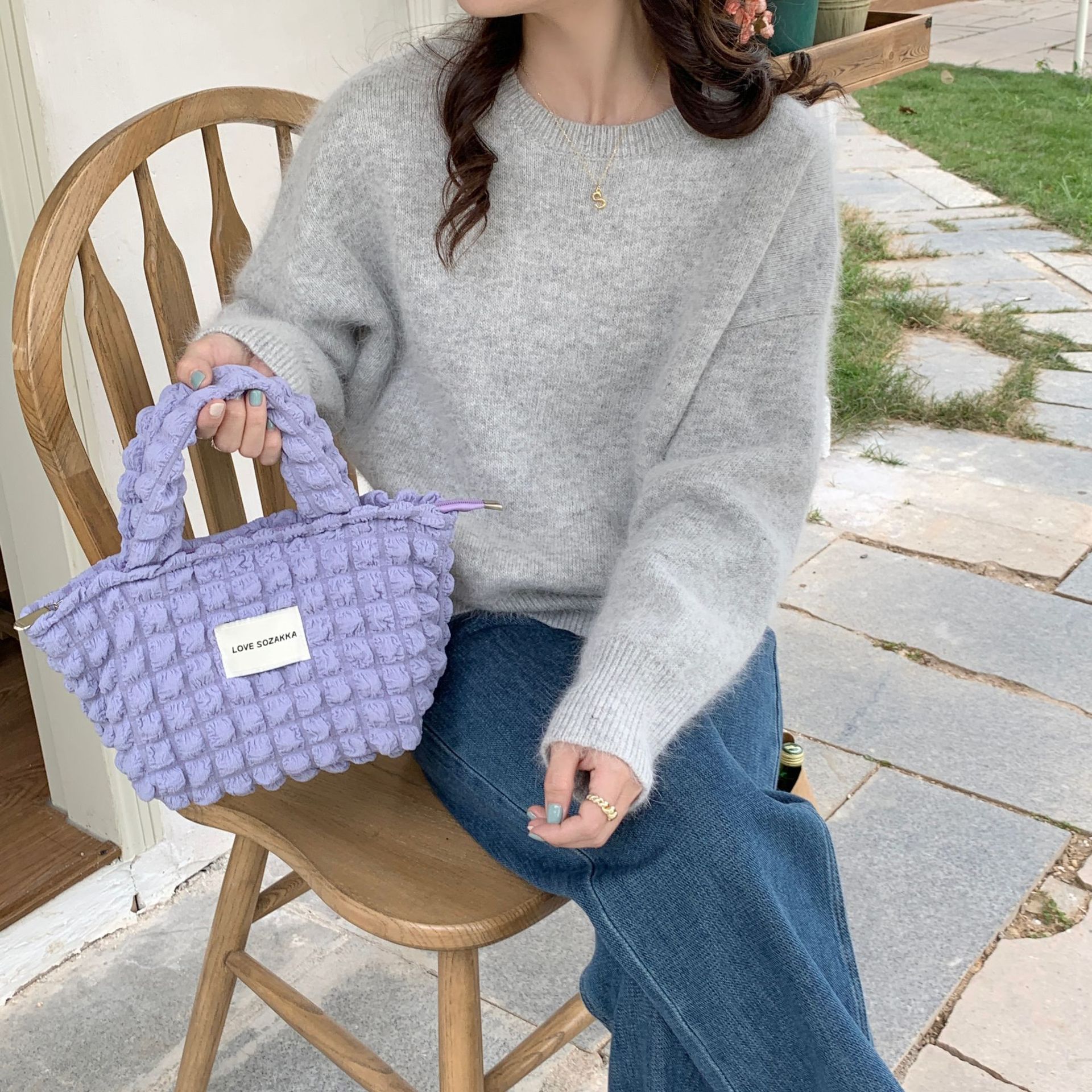25131 Bubble handbag, portable bag, canvas bag, casual and laid-back style, solid color zipper shopping bag Specification drawing