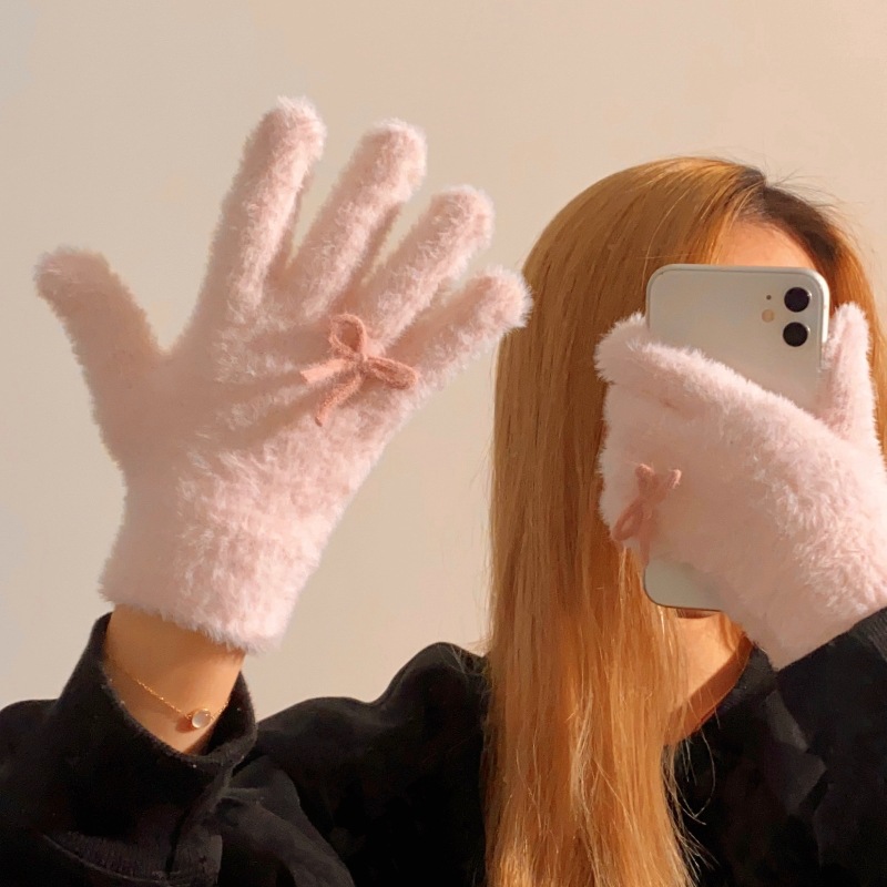 Winter gloves with bow, super warm gloves for women, thickened plush warm gloves, knitted details Picture