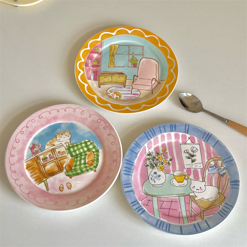 Cute and childlike cartoon ceramic plates, high-quality Korean-style household tableware, dessert plates, salad breakfast plates, ceramic flat plates Application Scenario