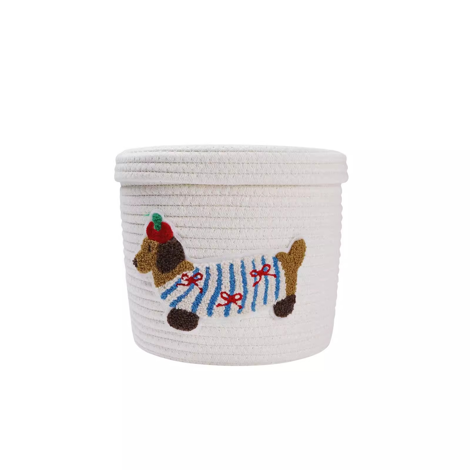 Cute puppy storage basket, woven cotton thread basket, large-capacity dust-proof storage bucket with lid, household sundries storage basket Item Picture