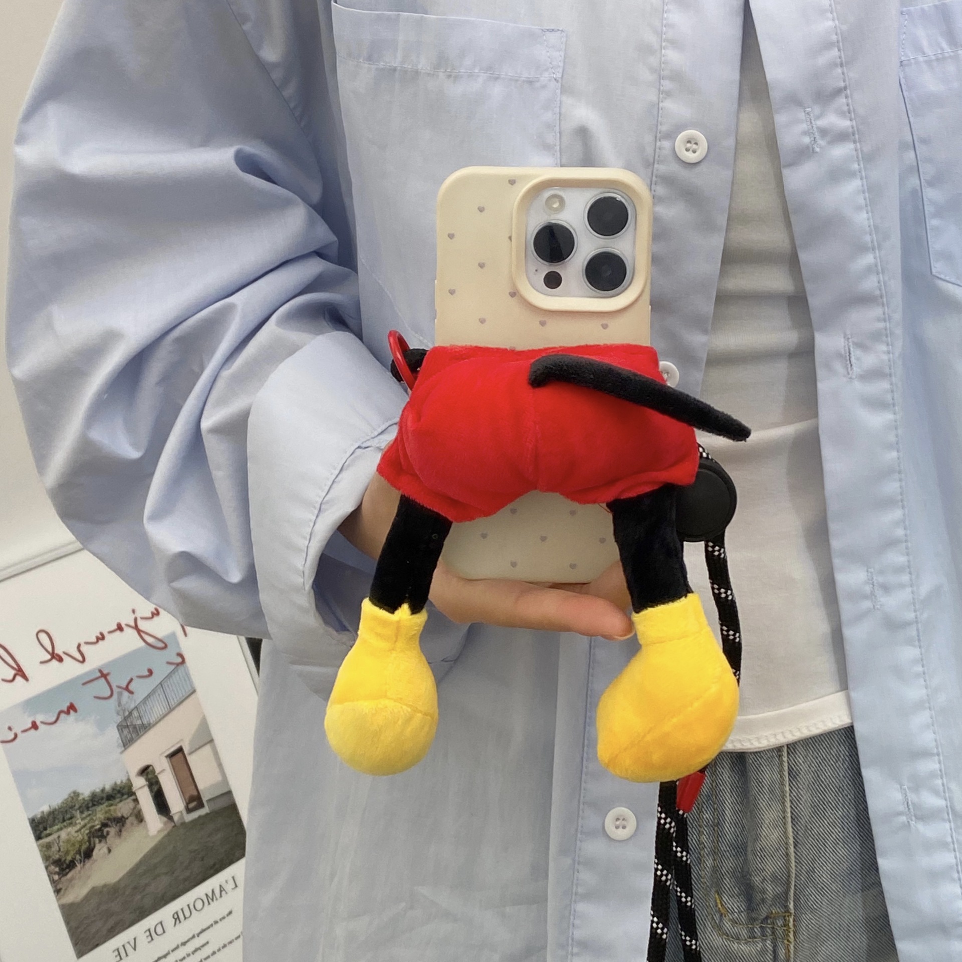 Cartoon Mickey Mouse bottom phone back clip, cute three-dimensional adjustable figurine phone clip, anti-loss phone crossbody lanyard details Picture