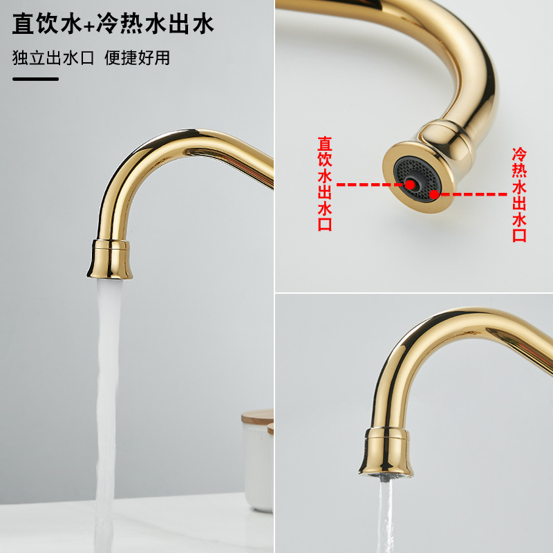 Retro European-style ceramic sink, kitchen faucet, three-in-one cold and hot anti-splash, rotating direct drinking water, zirconium gold Specification drawing