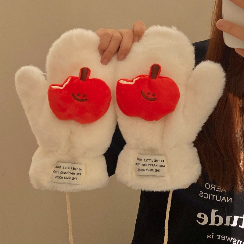 Cute apple plush gloves for women 2024 new style for autumn and winter cycling warmth, fleece windproof, neck-hanging and finger-connecting for cold protection details Picture