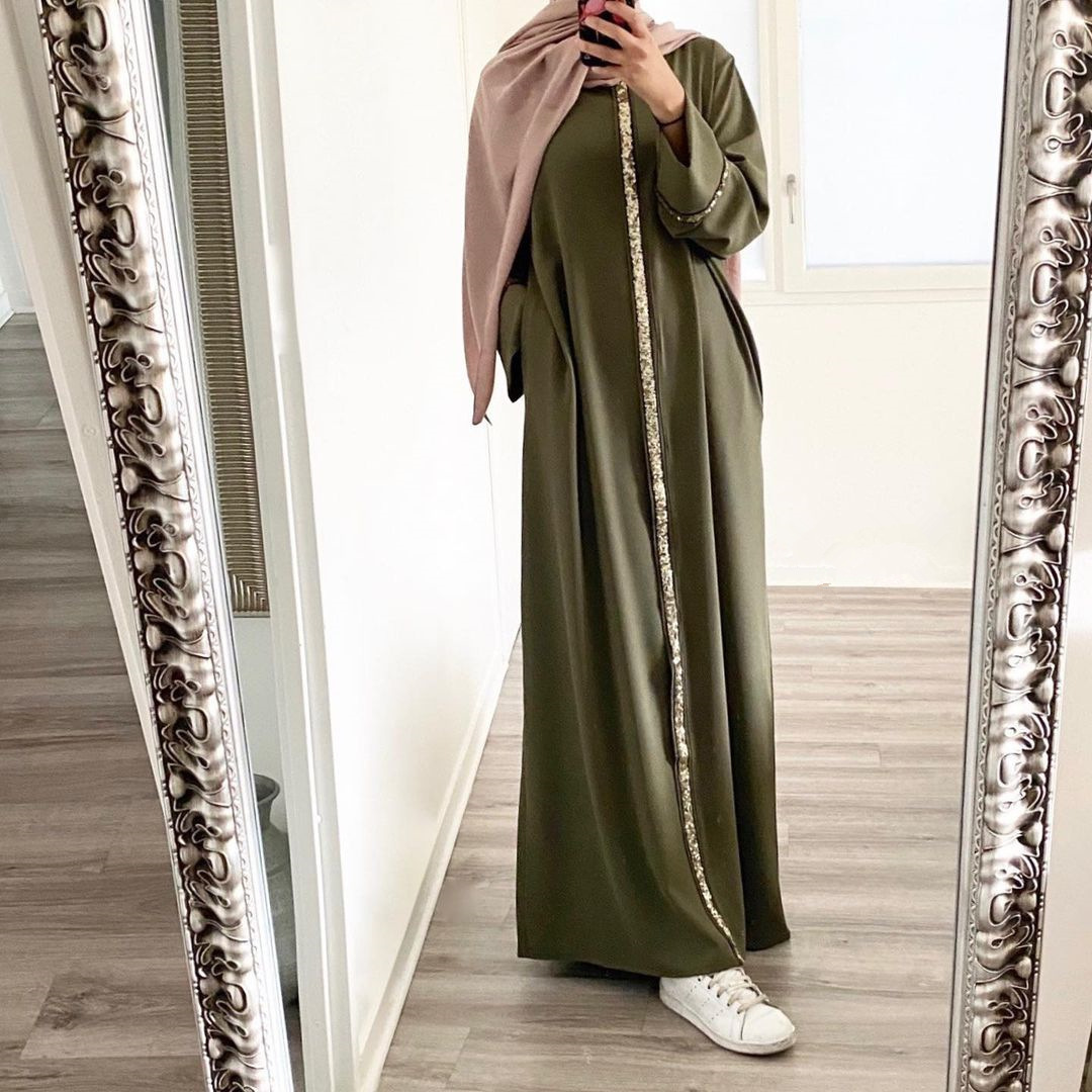 New Southeast Asian cross-border Muslim women's robe patchwork sequined dress solid color Middle Eastern robe abaya women's robe hooded Muslim Specification image