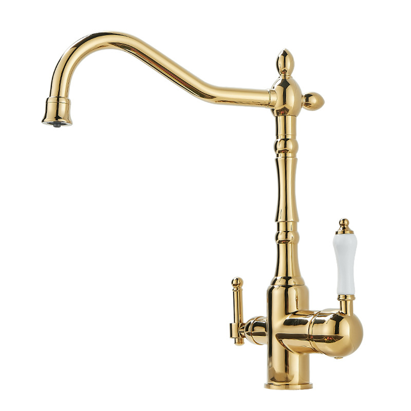 Retro European-style ceramic sink, kitchen faucet, three-in-one cold and hot anti-splash, rotating direct drinking water, zirconium gold Item Picture