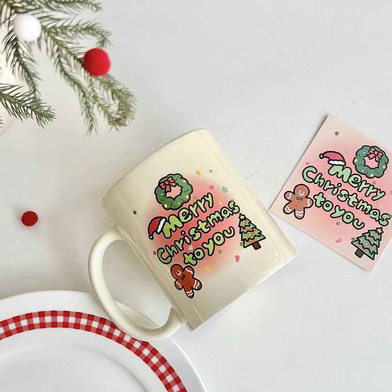 ins cute ceramic cups, cartoon cream-colored mugs, water cups, milk breakfast cups, coffee cups, Christmas gifts full figure