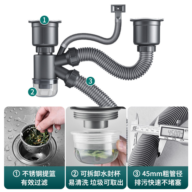 Kitchen sink, sink, double-trough sewer pipe, sink accessories, sink, drain pipe, anti-odor set Application Scenario