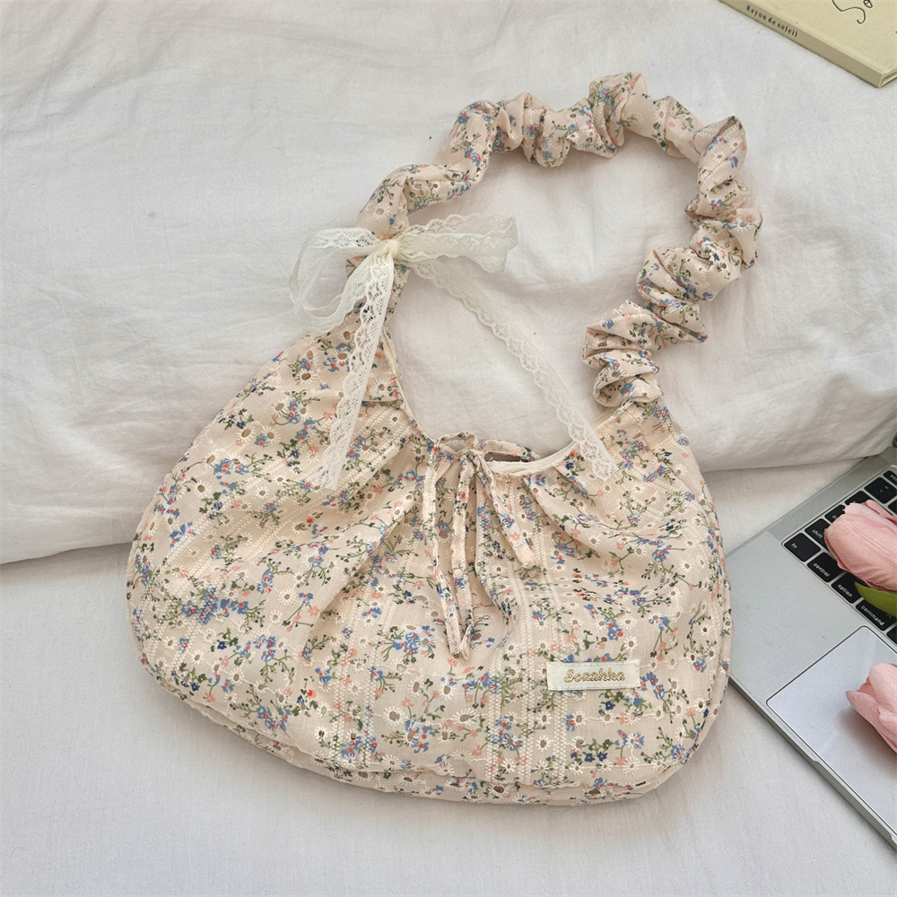 41082 Niche floral pleated shoulder strap bow women's commuter tote bag, underarm bag, hand-held shoulder crossbody bag details Picture