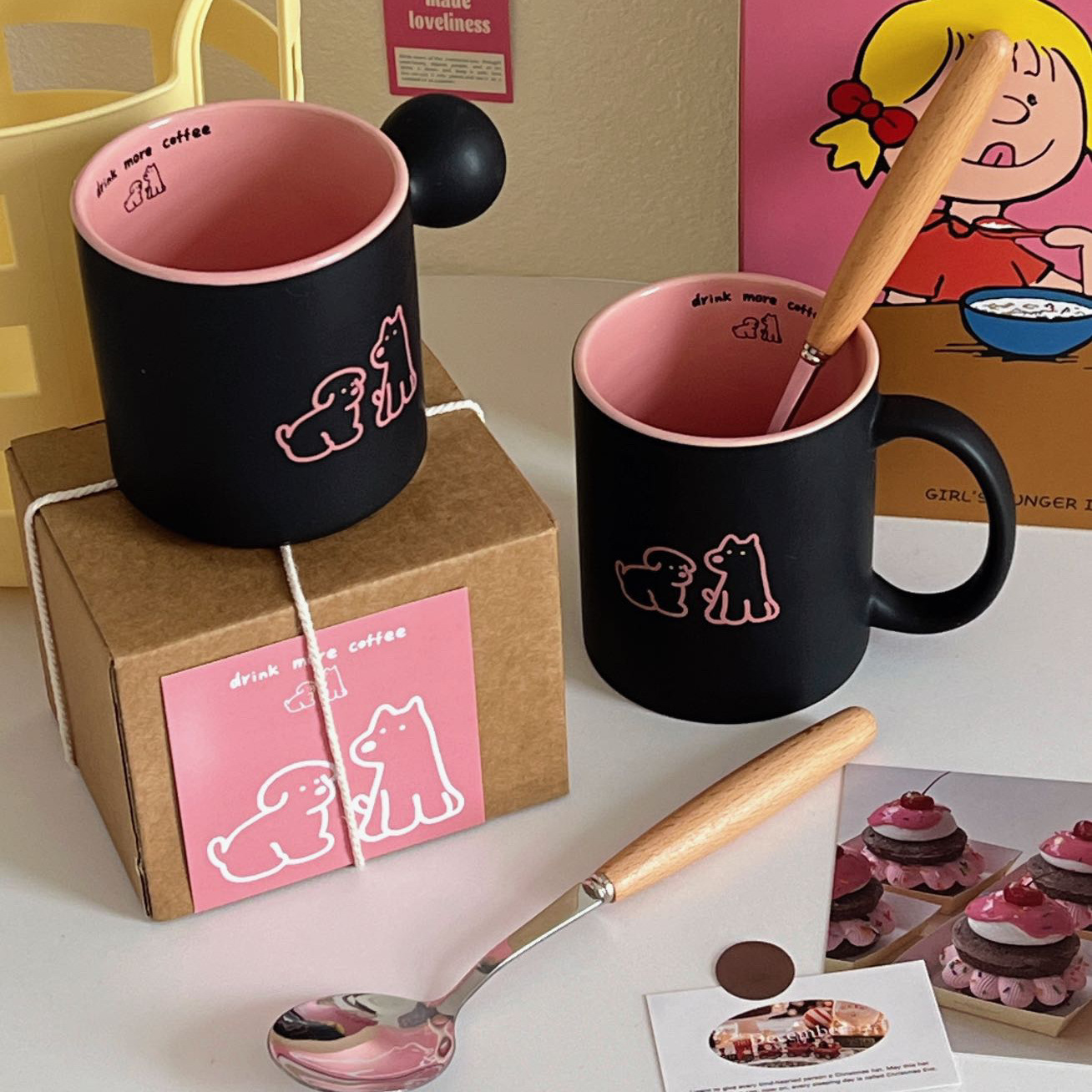 Barbie pink and black dog matte mugs, couple ceramic cups, high-temperature resistant home breakfast coffee cups, straight cups Item Picture