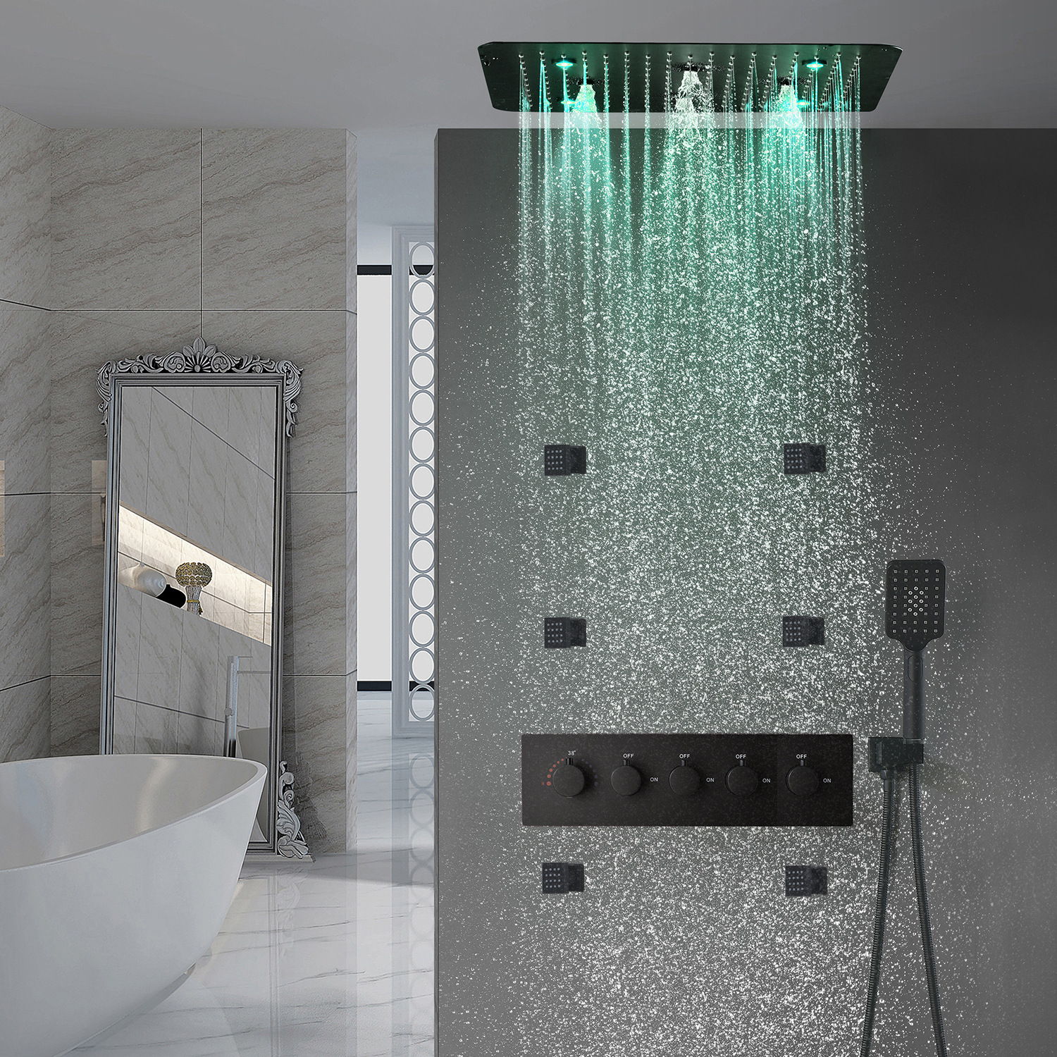 Black ultra-thin stainless steel top spray, seven-color light, automatic color change, multi-functional water outlet, constant-temperature shower head details Picture
