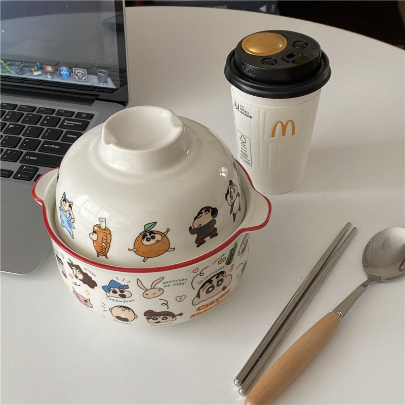 Ins-style cute cartoon instant noodle bowl with lid, large-capacity Japanese girlish ceramic bowl, breakfast bowl, household tableware full figure