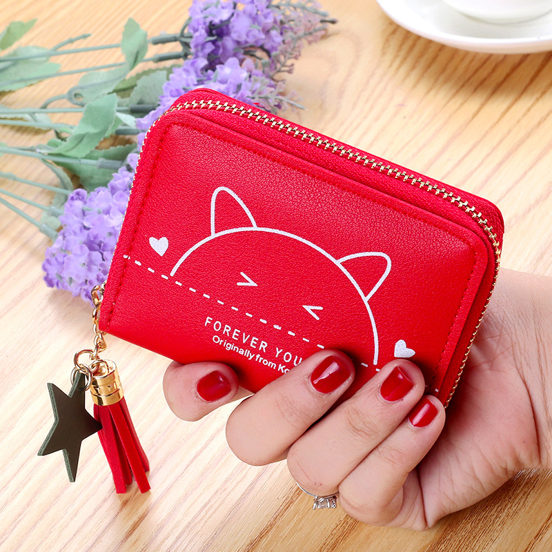 2021 New style wallet, cute cat print zipper mini wallet, simple and fresh short coin purse card case details Picture