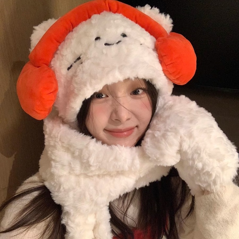 Cute cartoon headphones, kitten fur hat, thickened warm hat and scarf for women in autumn and winter, ear-protecting Lei Feng hat details Picture
