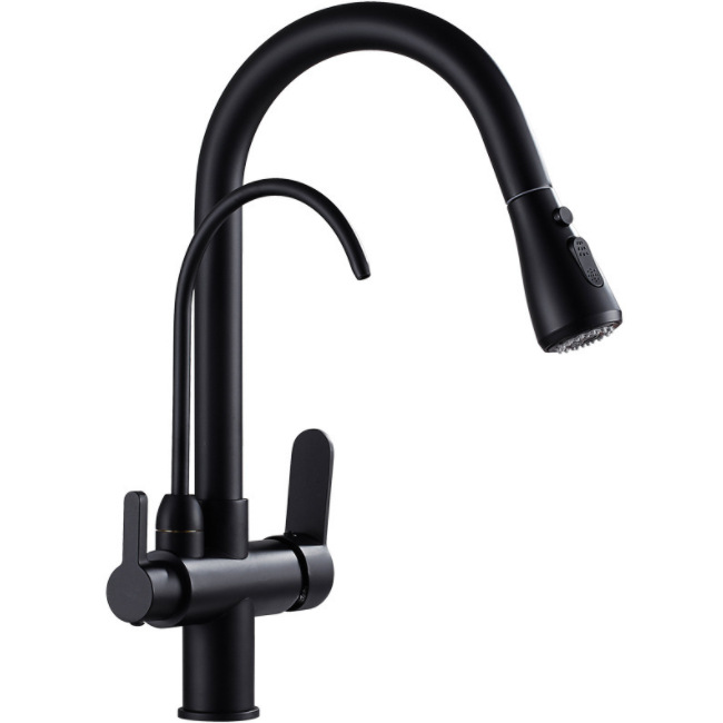 Cross-border all-copper pull-out cold, hot and purified water three-in-one kitchen faucet, rotating dish basin, purified water direct drinking faucet Item Picture
