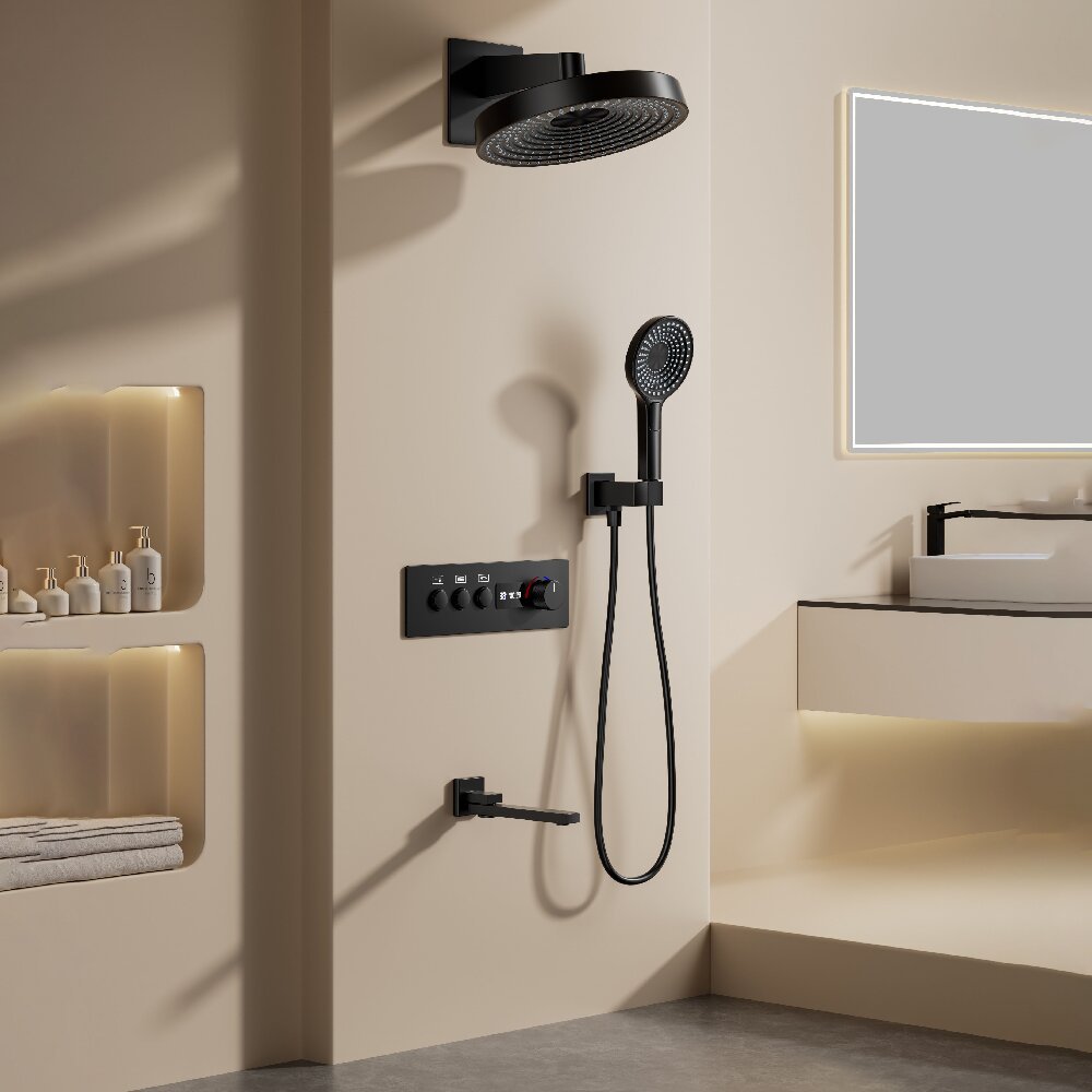 Concealed wall-mounted shower head, three-speed pressurized large top shower head set with water flow and temperature under the waterfall Item Picture