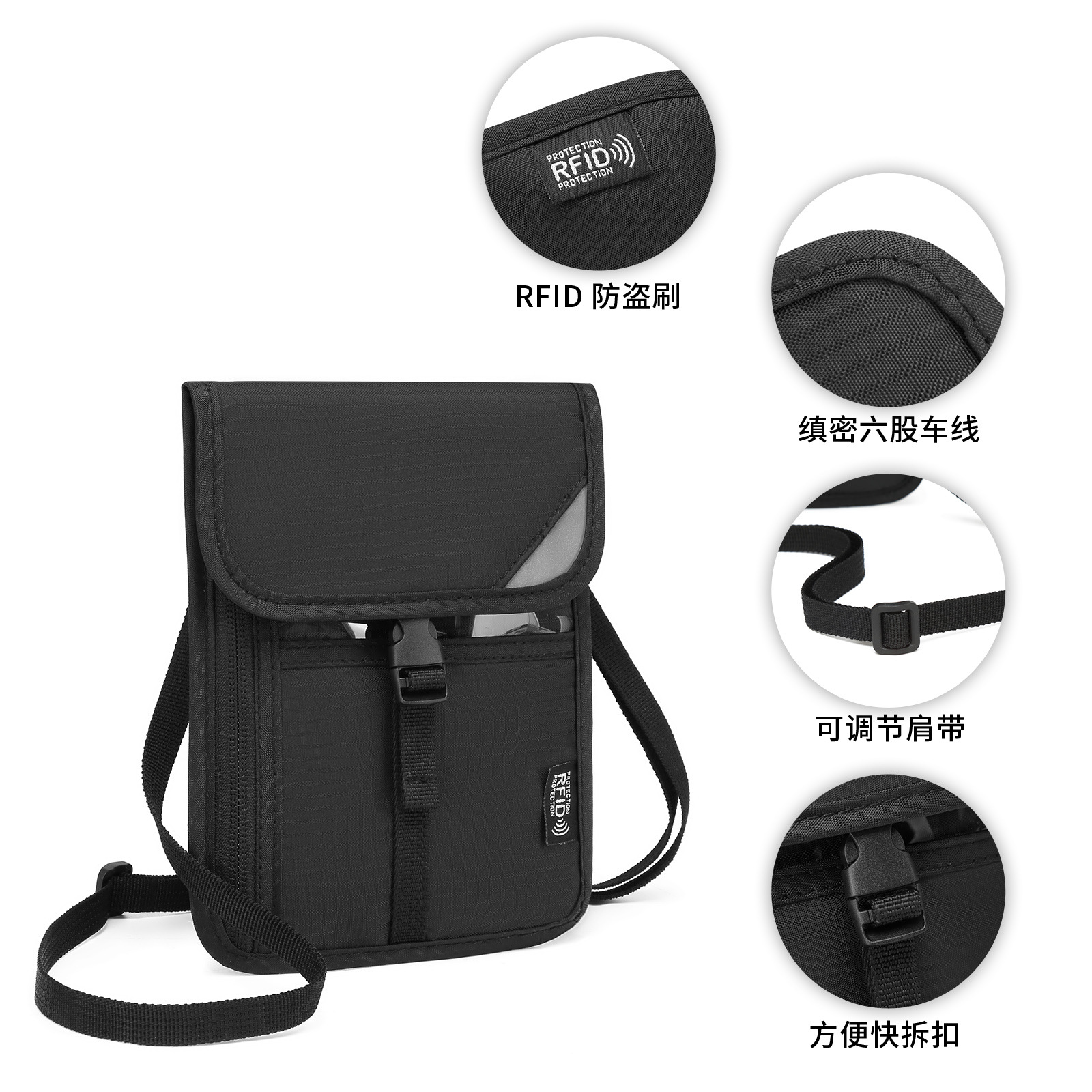 Wholesale of new cross-border RFID anti-shielding and anti-fraud large-capacity PVC neckline Oxford cloth passport bags and document bags Specification drawing