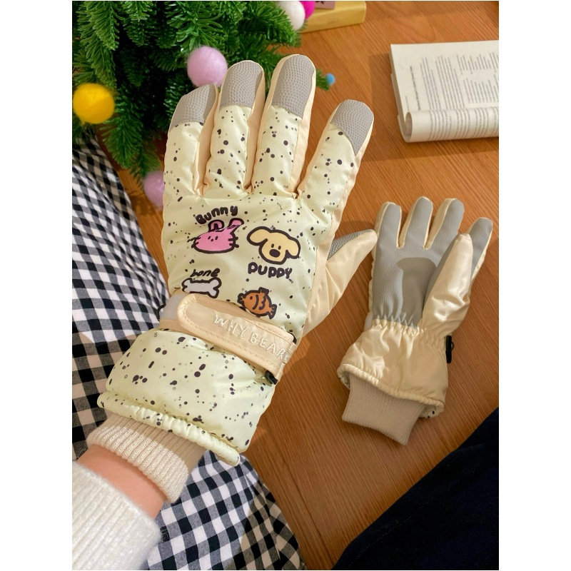 Cartoon Spotted dog ski gloves, winter fleece, outdoor cycling windproof, waterproof, cold-proof and warm, touch screen for women Specification drawing