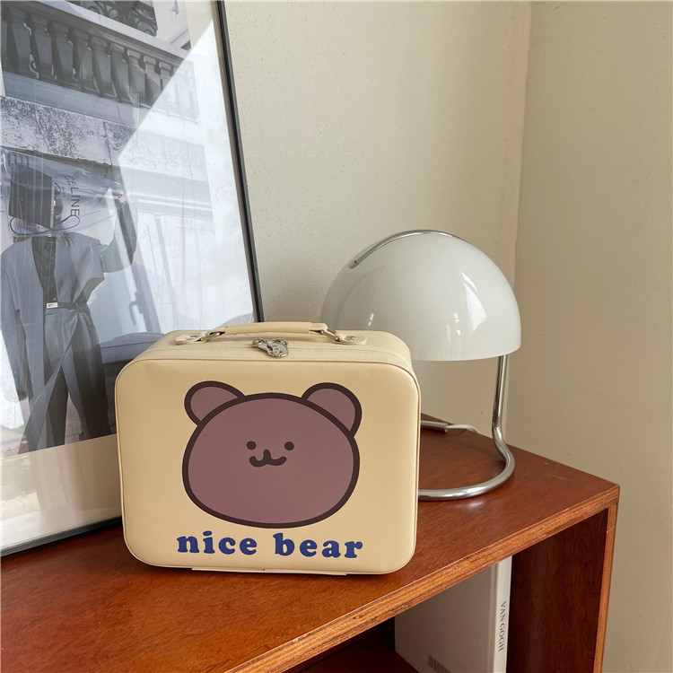 Korean ins high-end cream bear portable makeup case, large-capacity makeup bag, travel mirror portable storage box Item Picture