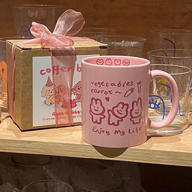 Pink skipping rope, rabbit, straight cup, mug, ceramic cup, household water cup, coffee, milk cup, girl heart gift box set full figure