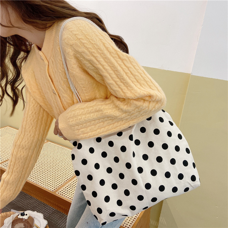 0771 Korean-style chic polka dot tote Bag for female students, simple and retro Artistic canvas bag, hand and shoulder bag wholesale details Picture