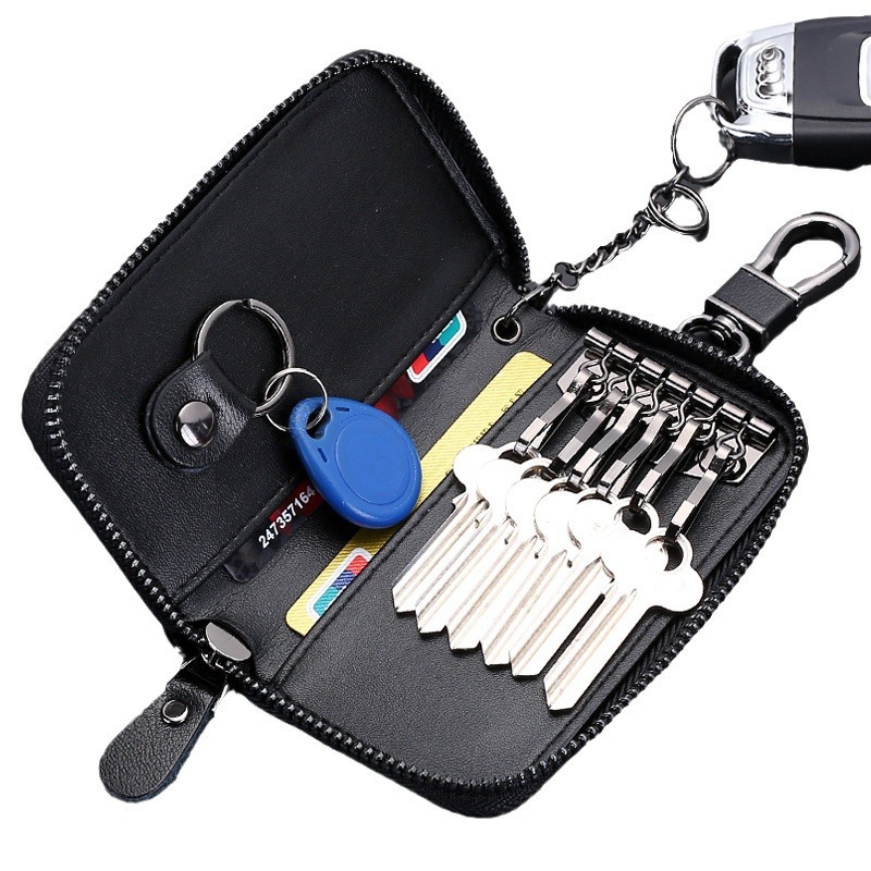 Large-capacity car key case, men's waist strap, genuine cowhide, women's card case, zipper, multi-functional storage for loose change, keychain Item Picture