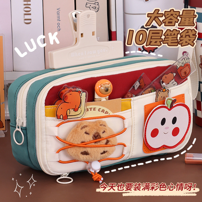 Back-to-school season pencil case, large capacity, cute and fun Apple pencil case, multi-layer stationery bag for primary school students, drawstring, high appearance level full figure
