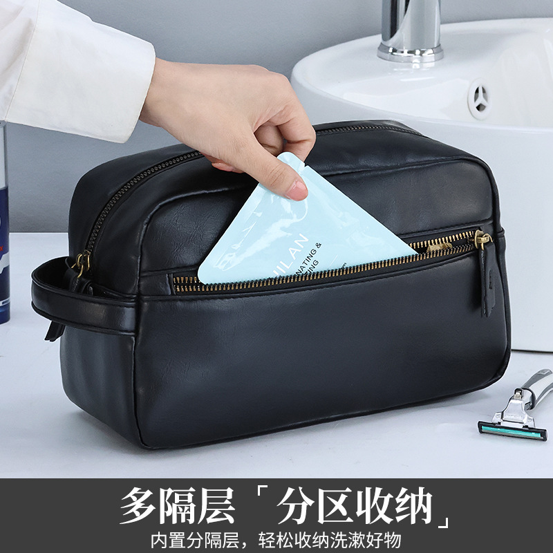 Cross-border men's pu toiletry bag with zoned storage, high appearance level, large capacity, travel portability, hand-held cosmetics storage bag Specification drawing