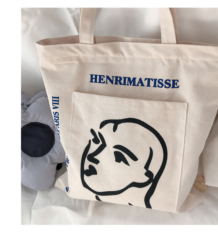 【 In Stock 】A224 Korean Instagram style simple women's portrait printed canvas bag, single-shoulder bag, outer pocket cloth bag Application Scenario