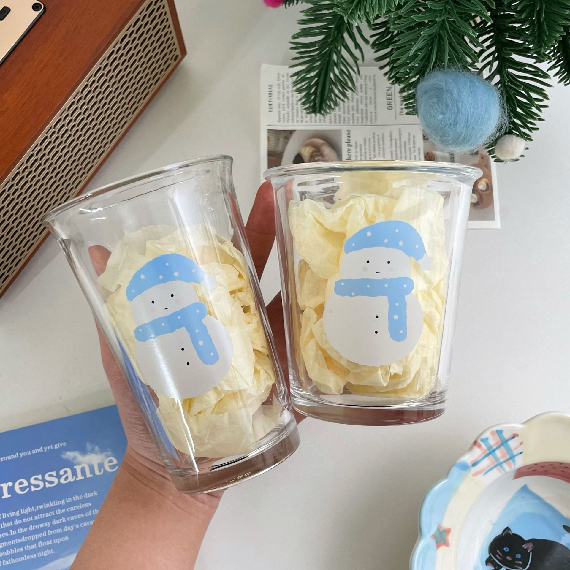 Christmas snowman glass cup, ins air-cooled brew coffee cup, water cup, Glass cup, milk cup, couple cup, breakfast cup Specification drawing