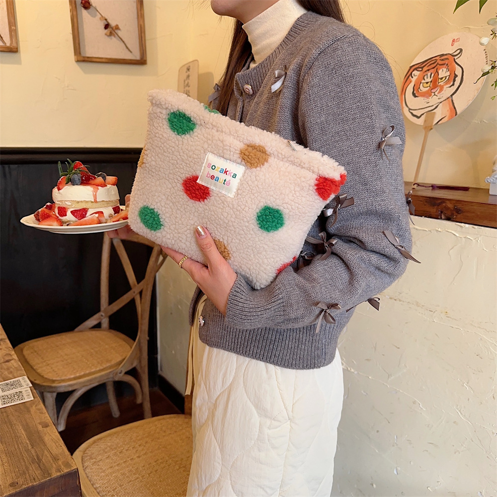 4123 InS-style Winter plush Makeup Bag with colorful polka dots and large capacity Travel skin care and cosmetics Storage Bag for women details Picture