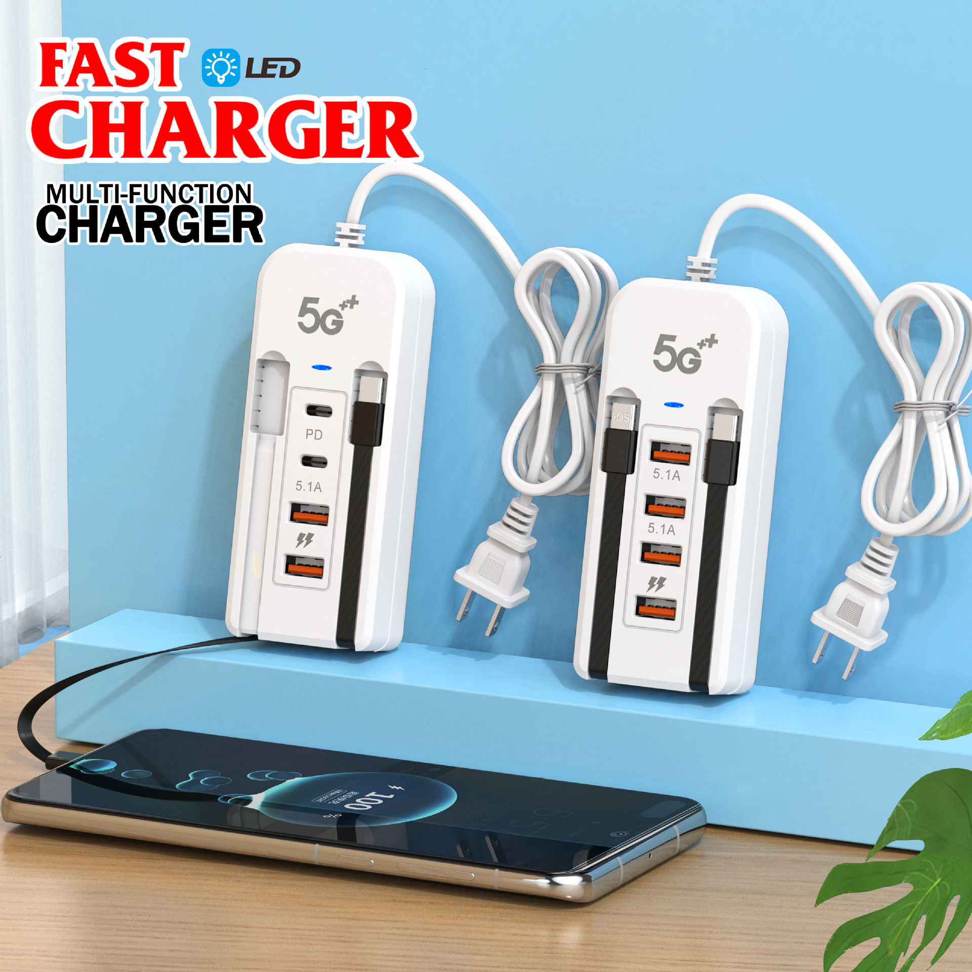 The new multi-port usb power strip charger for mobile phones with pd fast charging is suitable for 6-in-1 dual-wire sockets for both Apple and Android devices full figure